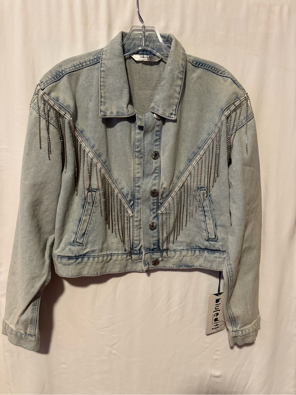 Source Unknown Light Wash Denim Jacket with Silver Fringe